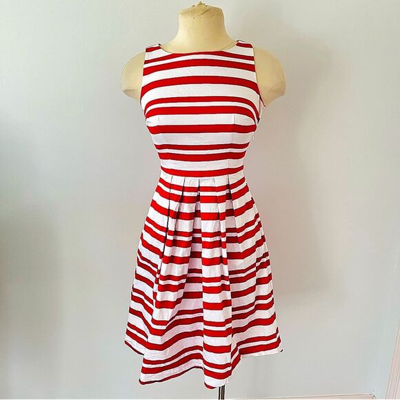 White House Black Market Red & White Striped Fit-and-Flare Dress Size 00 - Picture 2 of 9